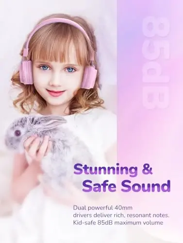 iClever BTH03 Kids Bluetooth Naushniklar, Rangli LED Chiroqlar, 35 Soat Ijro Euvlati, Bluetooth 5.4, C Turi Tez Zaryadlash, Xavfsiz Tovush, Stereo Ovozli Mikrofon, iPad Samolyoti uchun Quloqqa Ta’qiladigan Bolalar Simsiz Naushniklari (Soyali) - 2