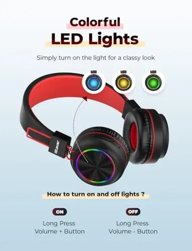 iClever BTH03 Kids Bluetooth Naushniklar, Rangli LED Chiroqlar, 35 Soat Ijro Euvlati, Bluetooth 5.4, C Turi Tez Zaryadlash, Xavfsiz Tovush, Stereo Ovozli Mikrofon, iPad Samolyoti uchun Quloqqa Ta’qiladigan Bolalar Simsiz Naushniklari (Soyali) - 2