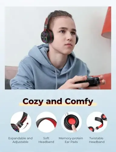 iClever BTH03 Kids Bluetooth Naushniklar, Rangli LED Chiroqlar, 35 Soat Ijro Euvlati, Bluetooth 5.4, C Turi Tez Zaryadlash, Xavfsiz Tovush, Stereo Ovozli Mikrofon, iPad Samolyoti uchun Quloqqa Ta’qiladigan Bolalar Simsiz Naushniklari (Soyali) - 5