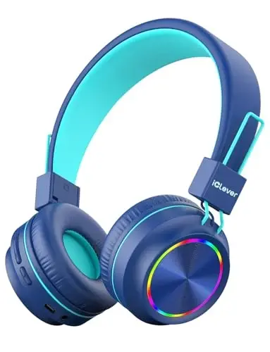 iClever BTH03 Kids Bluetooth Headphones, Colorful LED Lights, 35H Playtime, Bluetooth 5.4, Type C Fast Charging, Safe Volume, Stereo Sound Mic, On Ear Kids Wireless Headphones for iPad Airplane, Blue 
