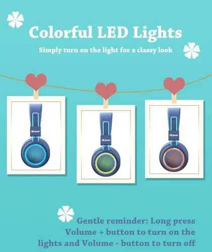 iClever BTH03 Kids Bluetooth Headphones, Colorful LED Lights, 35H Playtime, Bluetooth 5.4, Type C Fast Charging, Safe Volume, Stereo Sound Mic, On Ear Kids Wireless Headphones for iPad Airplane, Blue - 2