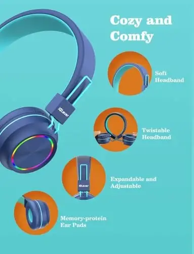 iClever BTH03 Kids Bluetooth Headphones, Colorful LED Lights, 35H Playtime, Bluetooth 5.4, Type C Fast Charging, Safe Volume, Stereo Sound Mic, On Ear Kids Wireless Headphones for iPad Airplane, Blue - 6