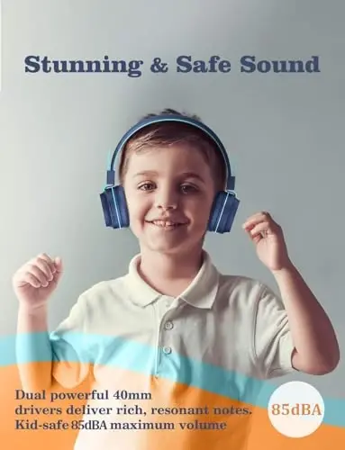 iClever BTH03 Kids Bluetooth Headphones, Colorful LED Lights, 35H Playtime, Bluetooth 5.4, Type C Fast Charging, Safe Volume, Stereo Sound Mic, On Ear Kids Wireless Headphones for iPad Airplane, Blue - 3