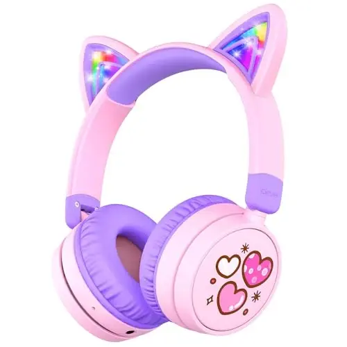 iClever Kids Bluetooth Headphones, Light Up Cat Ear,60H Playtime, USB C Fast Charging, Safe Volume 74/85dBA, Bluetooth 5.3,Toddler Headphones Wireless for iPad Tablets Travel,Meow Cookies-Peach Pink - 1