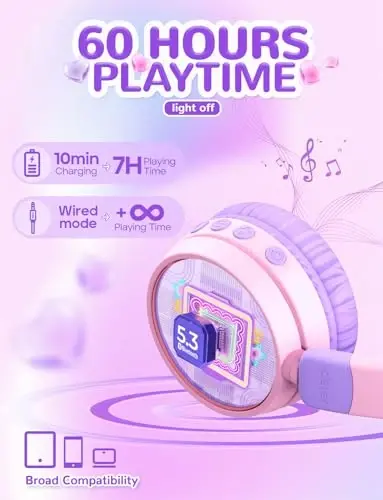iClever Kids Bluetooth Headphones, Light Up Cat Ear,60H Playtime, USB C Fast Charging, Safe Volume 74/85dBA, Bluetooth 5.3,Toddler Headphones Wireless for iPad Tablets Travel,Meow Cookies-Peach Pink - 4