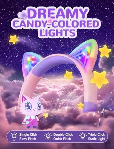 iClever Kids Bluetooth Headphones, Light Up Cat Ear,60H Playtime, USB C Fast Charging, Safe Volume 74/85dBA, Bluetooth 5.3,Toddler Headphones Wireless for iPad Tablets Travel,Meow Cookies-Peach Pink - 3