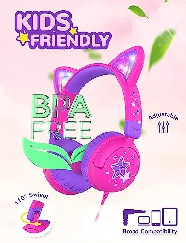iClever Kids Headphones Cat Ear, LED Light Up, 85dBA Safe Volume, Stereo Sound Toddler Headphones for Travel School, Foldable 3.5mm Wired Kids Headphone for iPad Tablets, Meow Lollipop-Hot Pink - 4