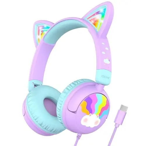 iClever Kids Headphones USB C, LED Light Up, 85dBA Safe Volume, Stereo Sound Toddler Headphones for Travel School, Kids Headphone with Cord for iPad Tablets, Meow Lollipop-Purple - ICLEVER