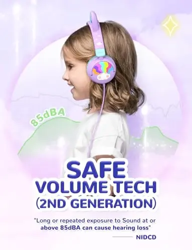iClever Kids Headphones USB C, LED Light Up, 85dBA Safe Volume, Stereo Sound Toddler Headphones for Travel School, Kids Headphone with Cord for iPad Tablets, Meow Lollipop-Purple - 3