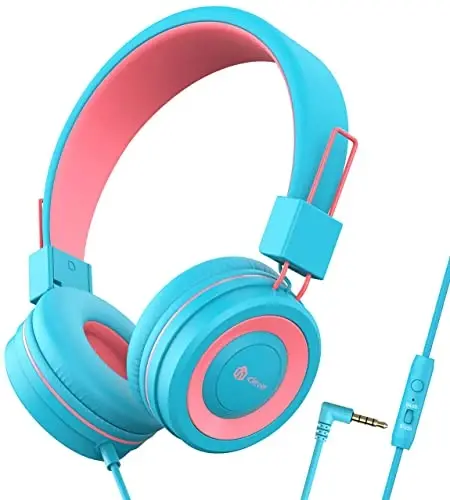iClever Kids Headphones with Cord, 85/94dB Safe Volume Tech, Bending Resistance Durable, Foldable, Stereo Sound 3.5mm Jack Wired Headphones for Kids Boys Girls Tablet/Travel/School, HS14 Blue Pink 