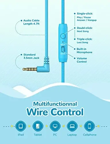 iClever Kids Headphones with Cord, 85/94dB Safe Volume Tech, Bending Resistance Durable, Foldable, Stereo Sound 3.5mm Jack Wired Headphones for Kids Boys Girls Tablet/Travel/School, HS14 Blue Pink - 6