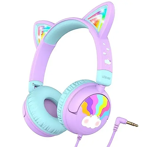 iClever Kids Headphones Cat Ear, LED Light Up, 85dBA Safe Volume, Stereo Sound Toddler Headphones for Travel School, Foldable 3.5mm Wired Kids Headphone for iPad Tablets, Meow Lollipop-Purple - ICLEVER