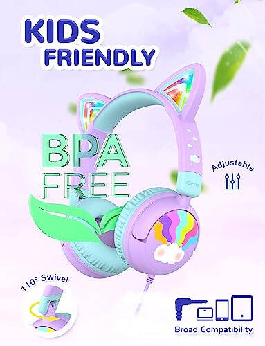 iClever Kids Headphones Cat Ear, LED Light Up, 85dBA Safe Volume, Stereo Sound Toddler Headphones for Travel School, Foldable 3.5mm Wired Kids Headphone for iPad Tablets, Meow Lollipop-Purple - 4