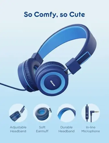iClever HS14 Kids Wired Headphones, Light Blue, 85dB Volume Limiter, Stereo Sound, Built-in Mic, 3.5mm Audio Jack Compatible, 6.1 Ounces - 4