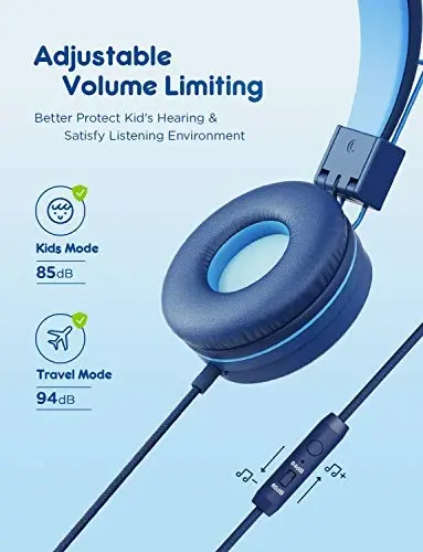 iClever HS14 Kids Wired Headphones, Light Blue, 85dB Volume Limiter, Stereo Sound, Built-in Mic, 3.5mm Audio Jack Compatible, 6.1 Ounces - 3