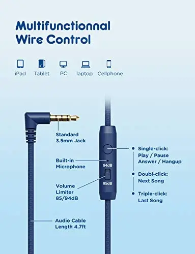 iClever HS14 Kids Wired Headphones, Light Blue, 85dB Volume Limiter, Stereo Sound, Built-in Mic, 3.5mm Audio Jack Compatible, 6.1 Ounces - 5