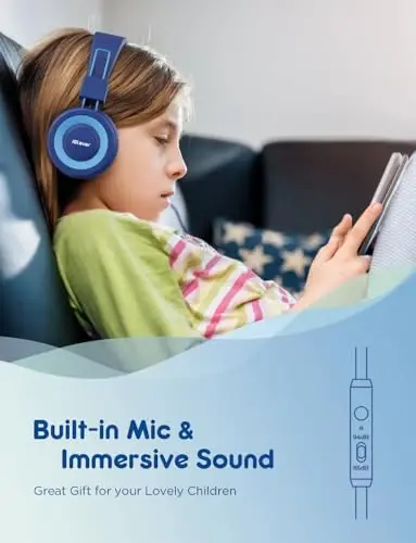 iClever HS14 Kids Wired Headphones, Light Blue, 85dB Volume Limiter, Stereo Sound, Built-in Mic, 3.5mm Audio Jack Compatible, 6.1 Ounces - 2