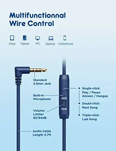 iClever HS14 Kids Wired Headphones, Light Blue, 85dB Volume Limiter, Stereo Sound, Built-in Mic, 3.5mm Audio Jack Compatible, 6.1 Ounces - 5