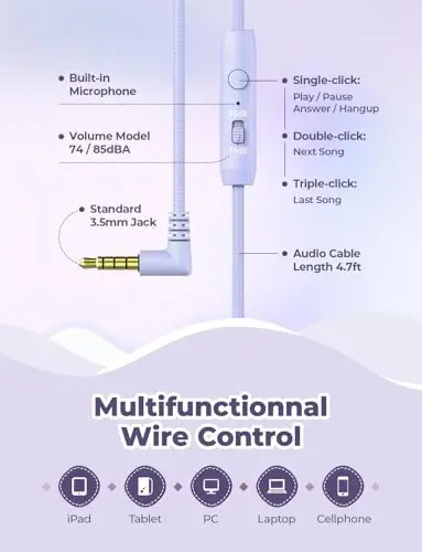 iClever HS19 Детские наушники для школы с микрофоном, безопасный ограничитель громкости 74/85 дБА, накладные наушники для девочек и мальчиков, складные проводные наушники для iPad/путешествий (фиолетовый) - 6