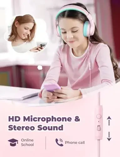 iClever HS19 Детские наушники с микрофоном для школы, безопасный ограниченный уровень громкости, накладные наушники для девочек и мальчиков с Shareport, складные проводные для iPad/путешествий (розовый) - 4