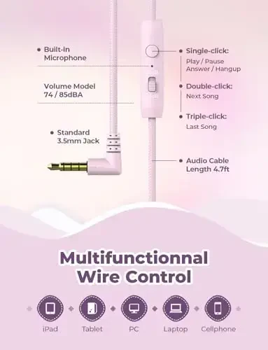 iClever HS19 Детские наушники с микрофоном для школы, безопасный ограниченный уровень громкости, накладные наушники для девочек и мальчиков с Shareport, складные проводные для iPad/путешествий (розовый) - 6