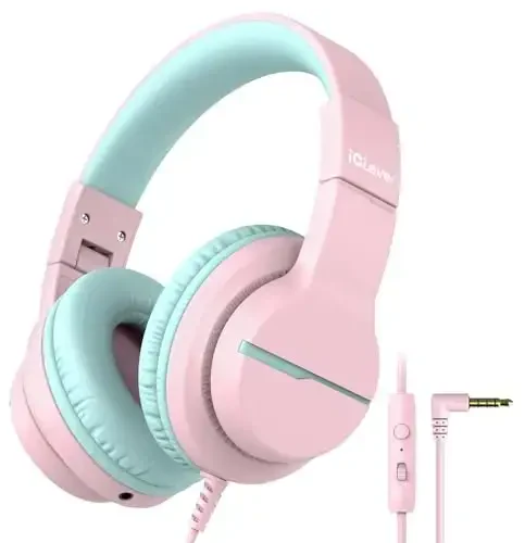 iClever HS19 Kids Headphones with Microphone for School, Safe Volume Limited, Over-Ear Girls Boys Headphones for Kids with Shareport, Foldable Wired for iPad/Travel (Pink) - 1