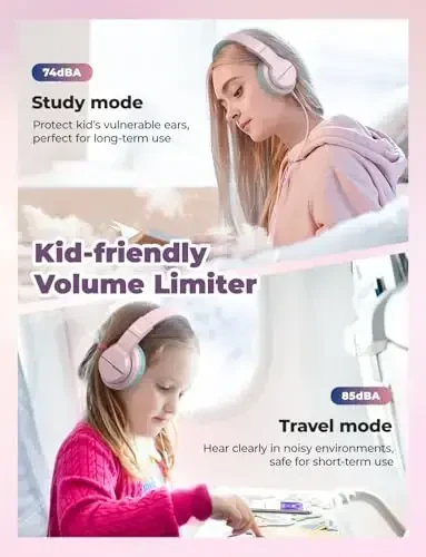 iClever HS19 Kids Headphones with Microphone for School, Safe Volume Limited, Over-Ear Girls Boys Headphones for Kids with Shareport, Foldable Wired for iPad/Travel (Pink) - 2