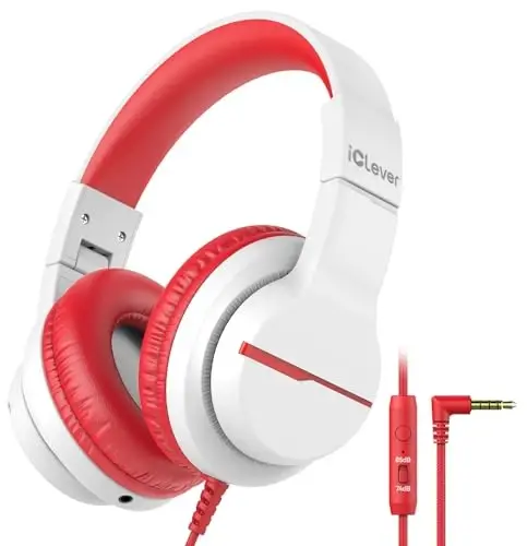 iClever HS19 Mikrofonli bolalar uchun quloqchinlar, 74/85dBA tovush cheklovchisi - Shareport - Bolalar uchun quloqli stereo quloqchinlar, iPad/Maktab/Sayohat uchun katlanadigan 3,5 mm raz'emli simli quloqchin, Oq - 1