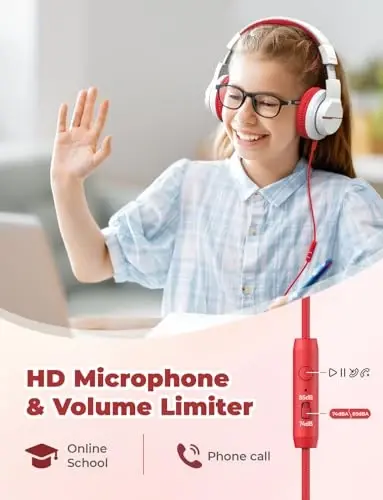 iClever HS19 Mikrofonli bolalar uchun quloqchinlar, 74/85dBA tovush cheklovchisi - Shareport - Bolalar uchun quloqli stereo quloqchinlar, iPad/Maktab/Sayohat uchun katlanadigan 3,5 mm raz'emli simli quloqchin, Oq - 2