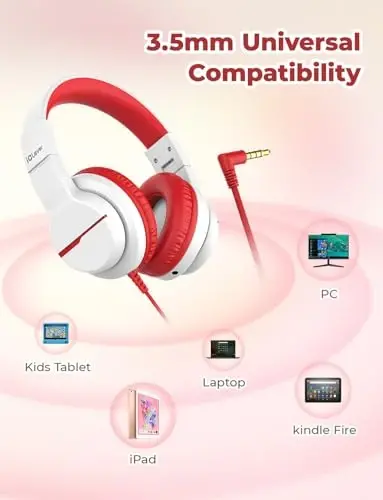 iClever HS19 Mikrofonli bolalar uchun quloqchinlar, 74/85dBA tovush cheklovchisi - Shareport - Bolalar uchun quloqli stereo quloqchinlar, iPad/Maktab/Sayohat uchun katlanadigan 3,5 mm raz'emli simli quloqchin, Oq - 5