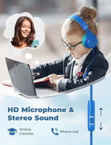 iClever HS19 Mikrofonli bolalar uchun quloqchinlari Maktab uchun, ovoz cheklovchisi 74/85dBA, quloq ustidagi qizlar uchun bolalar quloqchinlari Shareport bilan, iPad/Sayohat uchun buklanadigan (to'q ko'k) - ICLEVER (1)