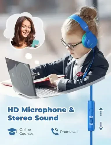 iClever HS19 Mikrofonli bolalar uchun quloqchinlari Maktab uchun, ovoz cheklovchisi 74/85dBA, quloq ustidagi qizlar uchun bolalar quloqchinlari Shareport bilan, iPad/Sayohat uchun buklanadigan (to'q ko'k) - ICLEVER (1)