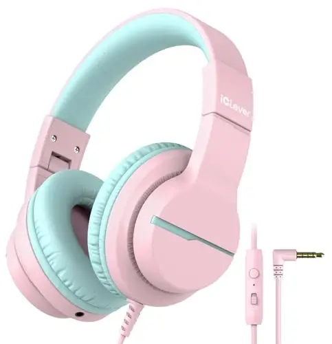 iClever HS19 Mikrofonli bolalar uchun quloqchinlari maktab uchun, xavfsiz ovoz balandligi cheklangan, quloq ustidagi qizlar uchun bolalar quloqchinlari Shareport bilan, iPad/sayohat uchun katlanadigan simli (pushti) - ICLEVER