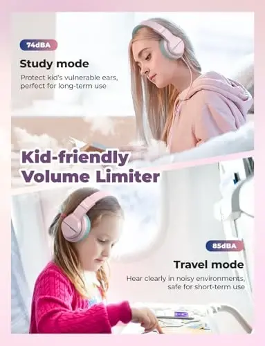 iClever HS19 Mikrofonli bolalar uchun quloqchinlari maktab uchun, xavfsiz ovoz balandligi cheklangan, quloq ustidagi qizlar uchun bolalar quloqchinlari Shareport bilan, iPad/sayohat uchun katlanadigan simli (pushti) - ICLEVER (1)