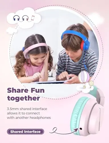 iClever HS19 Mikrofonli bolalar uchun quloqchinlari maktab uchun, xavfsiz ovoz balandligi cheklangan, quloq ustidagi qizlar uchun bolalar quloqchinlari Shareport bilan, iPad/sayohat uchun katlanadigan simli (pushti) - 3