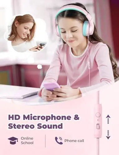 iClever HS19 Mikrofonli bolalar uchun quloqchinlari maktab uchun, xavfsiz ovoz balandligi cheklangan, quloq ustidagi qizlar uchun bolalar quloqchinlari Shareport bilan, iPad/sayohat uchun katlanadigan simli (pushti) - 4