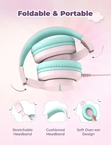 iClever HS19 Mikrofonli bolalar uchun quloqchinlari maktab uchun, xavfsiz ovoz balandligi cheklangan, quloq ustidagi qizlar uchun bolalar quloqchinlari Shareport bilan, iPad/sayohat uchun katlanadigan simli (pushti) - 5