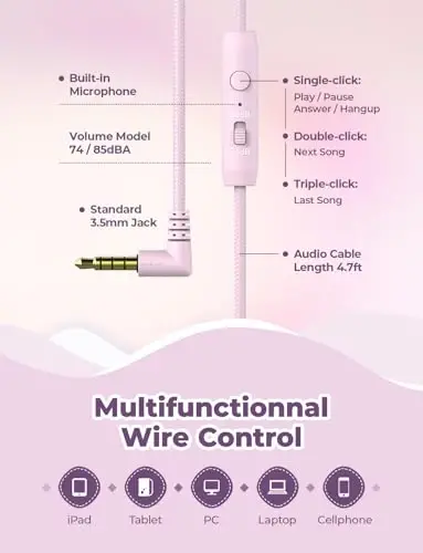 iClever HS19 Mikrofonli bolalar uchun quloqchinlari maktab uchun, xavfsiz ovoz balandligi cheklangan, quloq ustidagi qizlar uchun bolalar quloqchinlari Shareport bilan, iPad/sayohat uchun katlanadigan simli (pushti) - 6