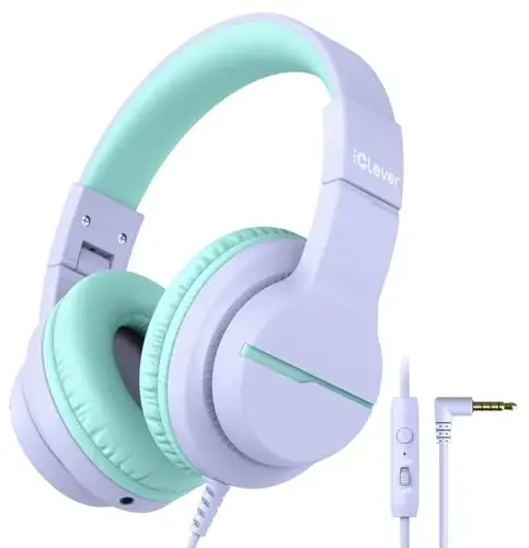 iClever HS19 Mikrofonli maktab uchun bolalar naushniklari, Xavfsiz ovoz balandligi cheklovchisi 74/85dBA, Quloq ustidagi qizlar uchun bolalar naushniklari FunShare bilan iPad/Sayohat uchun katlanadigan simli (Binafsha) - 1