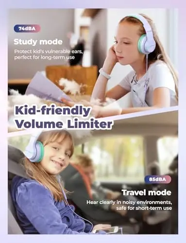 iClever HS19 Mikrofonli maktab uchun bolalar naushniklari, Xavfsiz ovoz balandligi cheklovchisi 74/85dBA, Quloq ustidagi qizlar uchun bolalar naushniklari FunShare bilan iPad/Sayohat uchun katlanadigan simli (Binafsha) - ICLEVER (1)