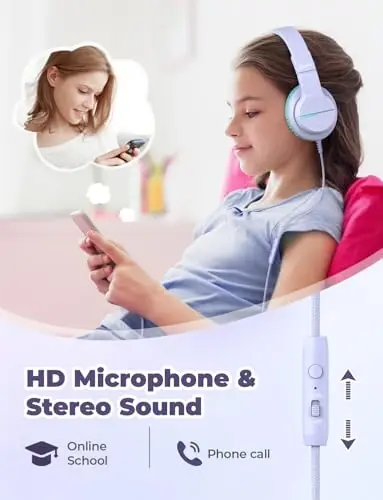 iClever HS19 Mikrofonli maktab uchun bolalar naushniklari, Xavfsiz ovoz balandligi cheklovchisi 74/85dBA, Quloq ustidagi qizlar uchun bolalar naushniklari FunShare bilan iPad/Sayohat uchun katlanadigan simli (Binafsha) - 4