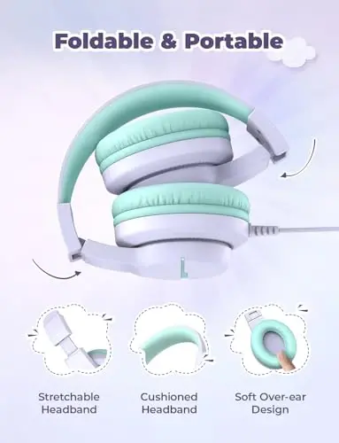 iClever HS19 Mikrofonli maktab uchun bolalar naushniklari, Xavfsiz ovoz balandligi cheklovchisi 74/85dBA, Quloq ustidagi qizlar uchun bolalar naushniklari FunShare bilan iPad/Sayohat uchun katlanadigan simli (Binafsha) - 5