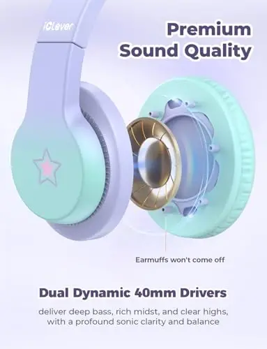 iClever HS19S bolalar uchun quloqchinlar, 85dBA xavfsiz ovoz cheklovchisi - Bolalar o'g'il qizlar uchun quloq usti stereo quloqchinlar, iPad/planshet/maktab/sayohat uchun katlanadigan 3,5 mm uyali quloqchinlar - 3