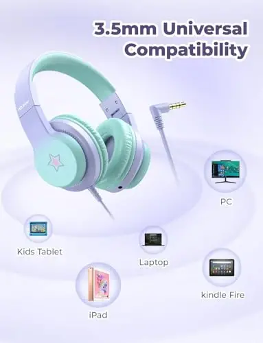 iClever HS19S bolalar uchun quloqchinlar, 85dBA xavfsiz ovoz cheklovchisi - Bolalar o'g'il qizlar uchun quloq usti stereo quloqchinlar, iPad/planshet/maktab/sayohat uchun katlanadigan 3,5 mm uyali quloqchinlar - 5