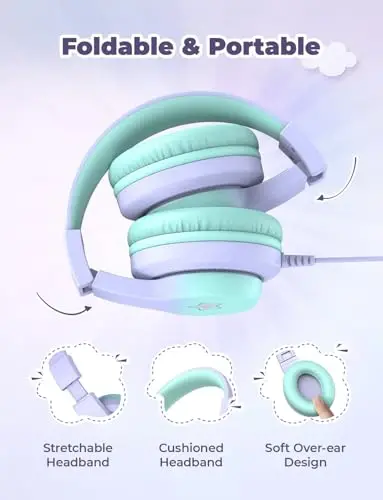 iClever HS19S bolalar uchun quloqchinlar, 85dBA xavfsiz ovoz cheklovchisi - Bolalar o'g'il qizlar uchun quloq usti stereo quloqchinlar, iPad/planshet/maktab/sayohat uchun katlanadigan 3,5 mm uyali quloqchinlar - 6