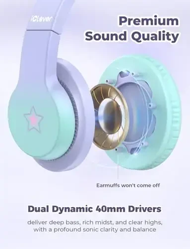 iClever HS19S Kids Headphones, 85dBA Safe Volume Limiter - Over Ear Stereo Headphones for Kids Boys Girls, Foldable 3.5mm Jack Wired Headphone for iPad/Tablet/School/Travel - 3