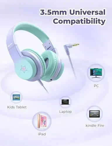 iClever HS19S Kids Headphones, 85dBA Safe Volume Limiter - Over Ear Stereo Headphones for Kids Boys Girls, Foldable 3.5mm Jack Wired Headphone for iPad/Tablet/School/Travel - 5