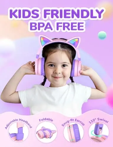 iClever Kids Bluetooth Headphones, Light Up Cat Ear,60H Playtime, USB C Fast Charging, Safe Volume 74/85dBA, Bluetooth 5.3,Toddler Headphones Wireless for iPad Tablets Travel,Meow Cookies-Peach Pink - 5