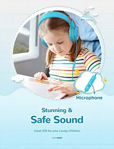 iClever Kids Eshitish vositasi simli, 85/94dB xavfsiz ovozli texnologiya, egilishga chidamli, buklanadigan, stereo ovozli 3,5 mm Jek simli bolalar uchun quloqchinlar O'g'il qizlar planshet/sayohat/maktab, HS14 ko'k pushti - 2