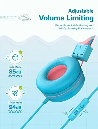 iClever Kids Eshitish vositasi simli, 85/94dB xavfsiz ovozli texnologiya, egilishga chidamli, buklanadigan, stereo ovozli 3,5 mm Jek simli bolalar uchun quloqchinlar O'g'il qizlar planshet/sayohat/maktab, HS14 ko'k pushti - 3